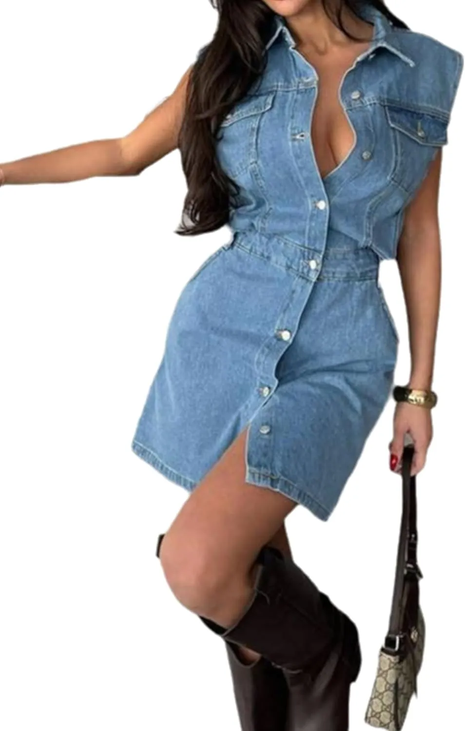 Denim Dress for Women Sleeveless Button Down Collar V Neck Bodycon Mini Short Jean Dresses with Pockets