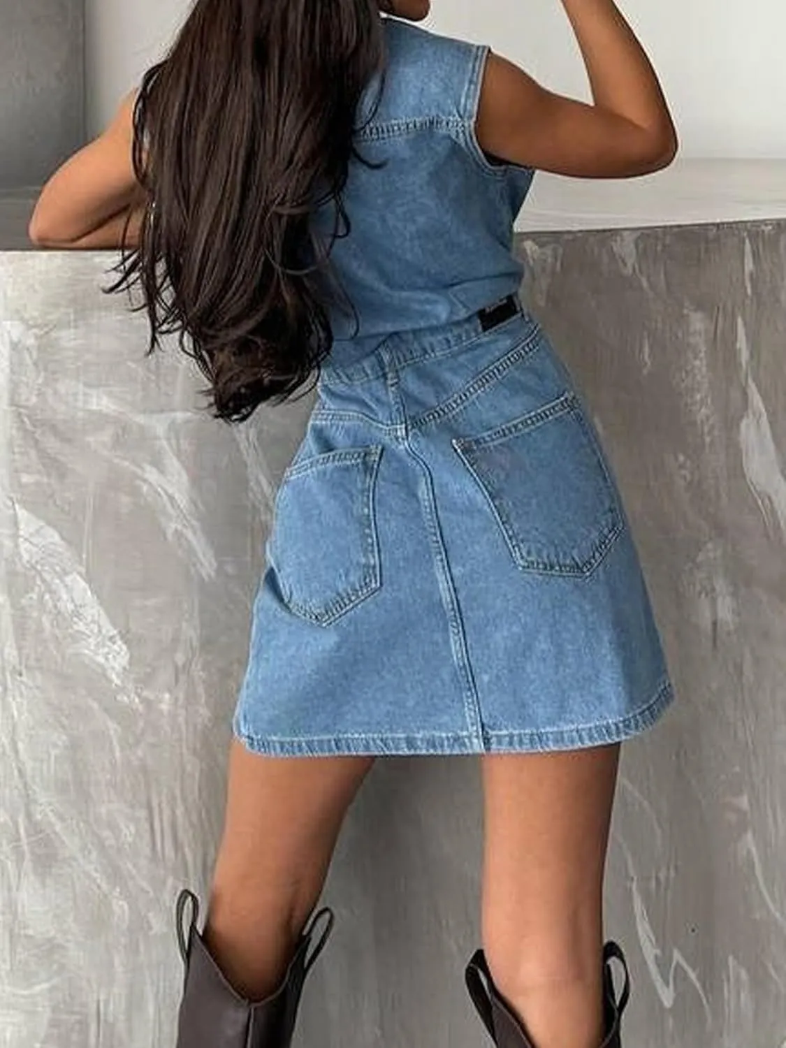 Denim Dress for Women Sleeveless Button Down Collar V Neck Bodycon Mini Short Jean Dresses with Pockets