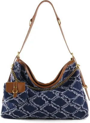 Denim Handbags for Women Jean Purse with Multiple Pockets Denim Blue Pocketbooks Tote Hobos Crossbody Bags