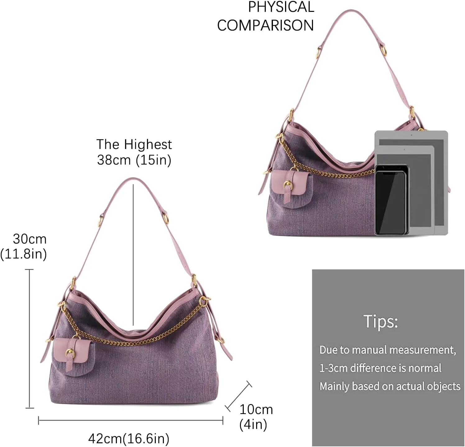 Denim Handbags for Women Jean Purse with Multiple Pockets Denim Blue Pocketbooks Tote Hobos Crossbody Bags