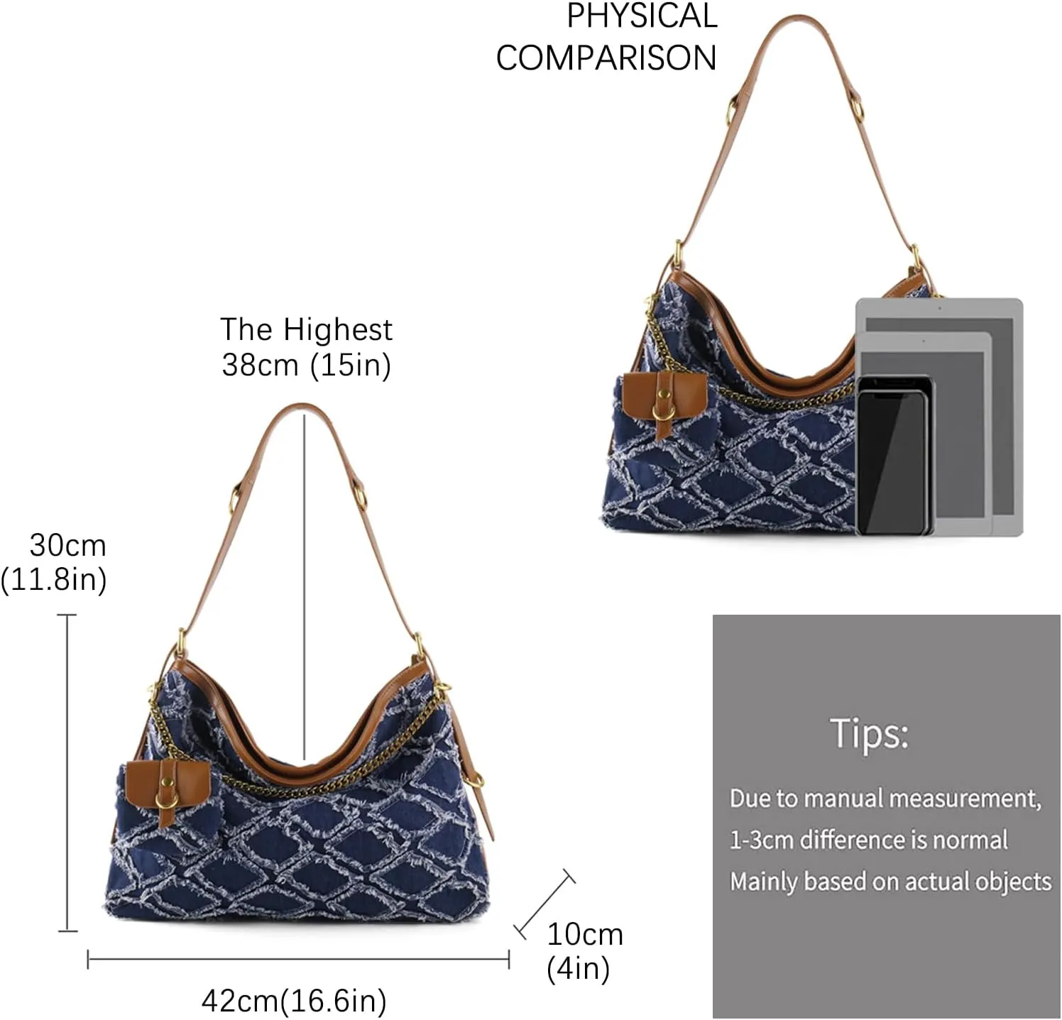 Denim Handbags for Women Jean Purse with Multiple Pockets Denim Blue Pocketbooks Tote Hobos Crossbody Bags