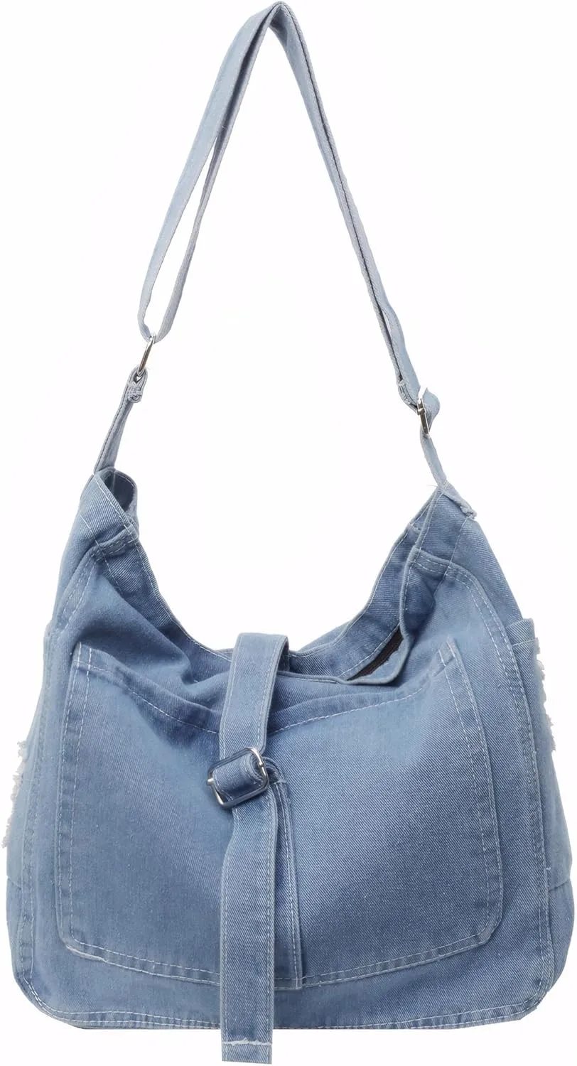 Denim Hobo Tote Bag for Women Larger Casual Crossbody Shoulder Purse with Adjustable Strap, Blue