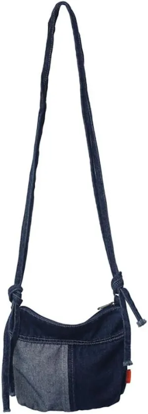 Denim Indigo Cross Mini Body Bag Womens Shoulder Zipper Pocket Bag,Purse Tote Vintage Jean Hobo Bags,Stylish Patchwork Color Messenger,Casual Style Lightweight for Travel Teen Girls