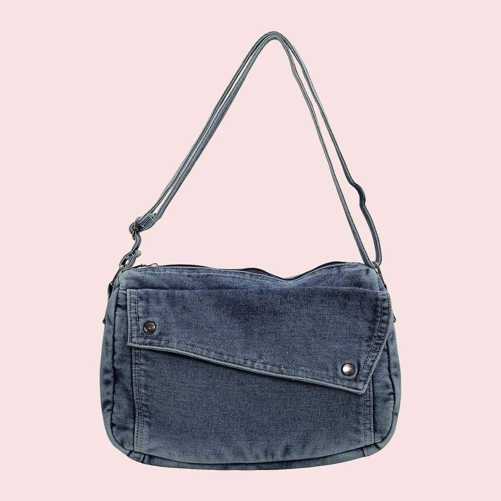 Denim Messenger Bag Casual Retro Women Aesthetic Crossbody Bag Handbag Lightweight Hobo Bag with Adjustable Strap
