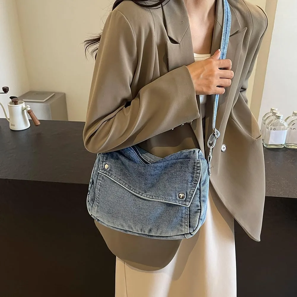Denim Messenger Bag Casual Retro Women Aesthetic Crossbody Bag Handbag Lightweight Hobo Bag with Adjustable Strap
