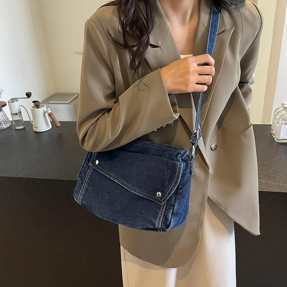 Denim Messenger Bag Casual Retro Women Aesthetic Crossbody Bag Handbag Lightweight Hobo Bag with Adjustable Strap
