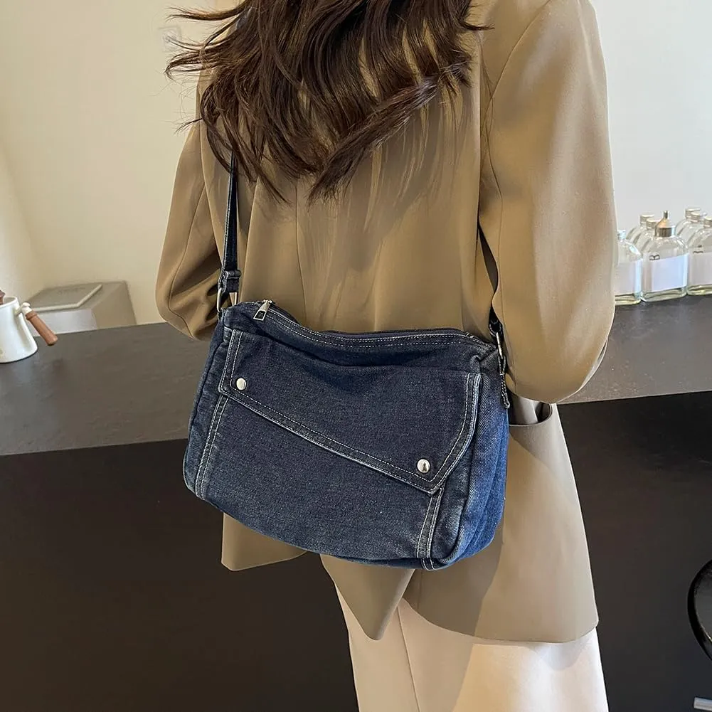 Denim Messenger Bag Casual Retro Women Aesthetic Crossbody Bag Handbag Lightweight Hobo Bag with Adjustable Strap