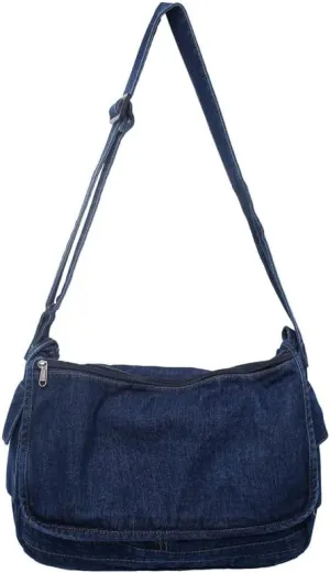 Denim Messenger Bag Crossbody Fairycore Denim Tote Bag Aesthetic Harajuku Y2K Hobo Bag Grunge Alt Accessories (Dark Blue)