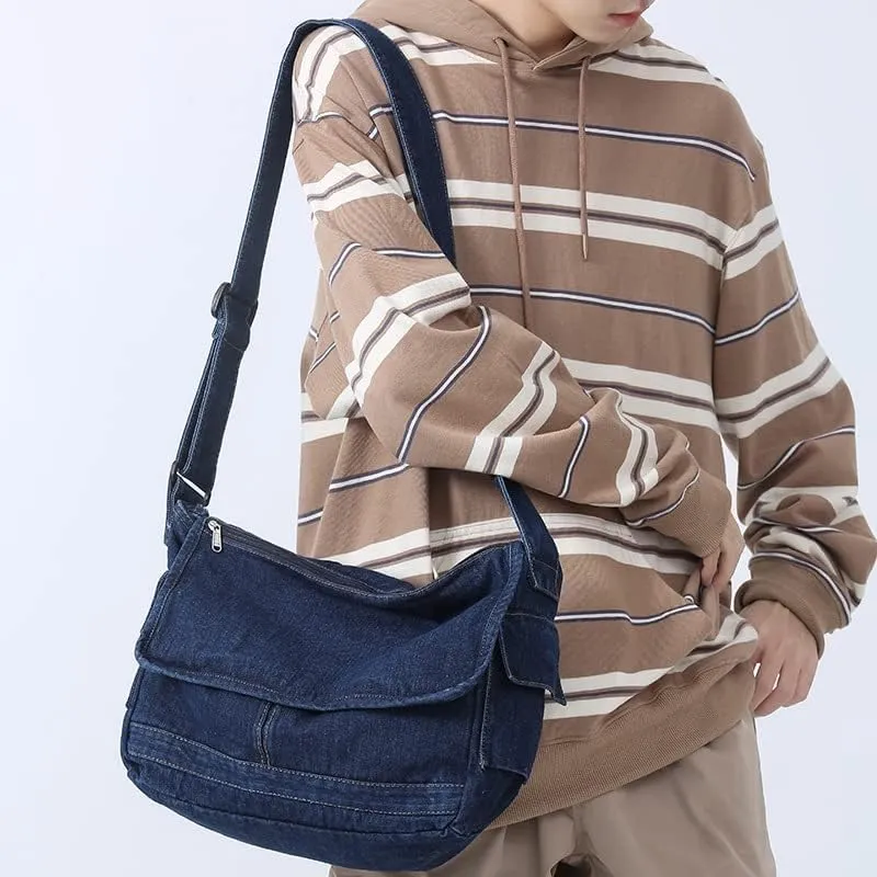Denim Messenger Bag Crossbody Fairycore Denim Tote Bag Aesthetic Harajuku Y2K Hobo Bag Grunge Alt Accessories (Dark Blue)