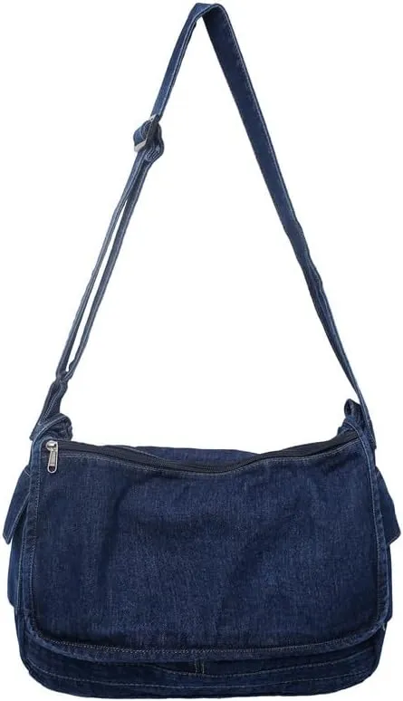 Denim Messenger Bag Crossbody Fairycore Denim Tote Bag Aesthetic Harajuku Y2K Hobo Bag Grunge Alt Accessories (Dark Blue)