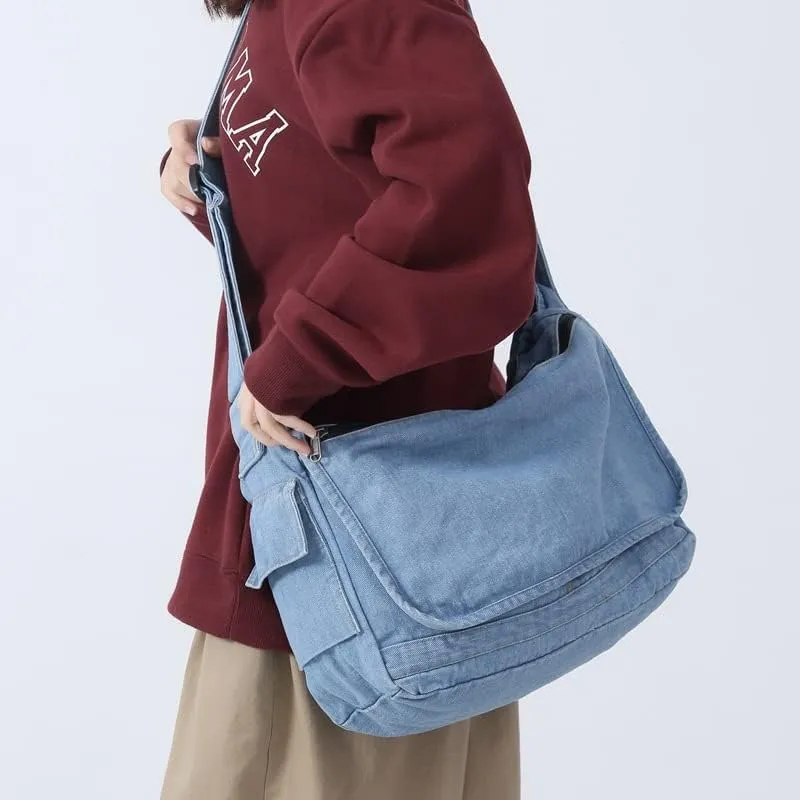 Denim Messenger Bag Crossbody Fairycore Denim Tote Bag Aesthetic Harajuku Y2K Hobo Bag Grunge Alt Accessories (Light Blue)