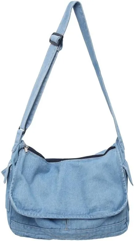 Denim Messenger Bag Crossbody Fairycore Denim Tote Bag Aesthetic Harajuku Y2K Hobo Bag Grunge Alt Accessories (Light Blue)