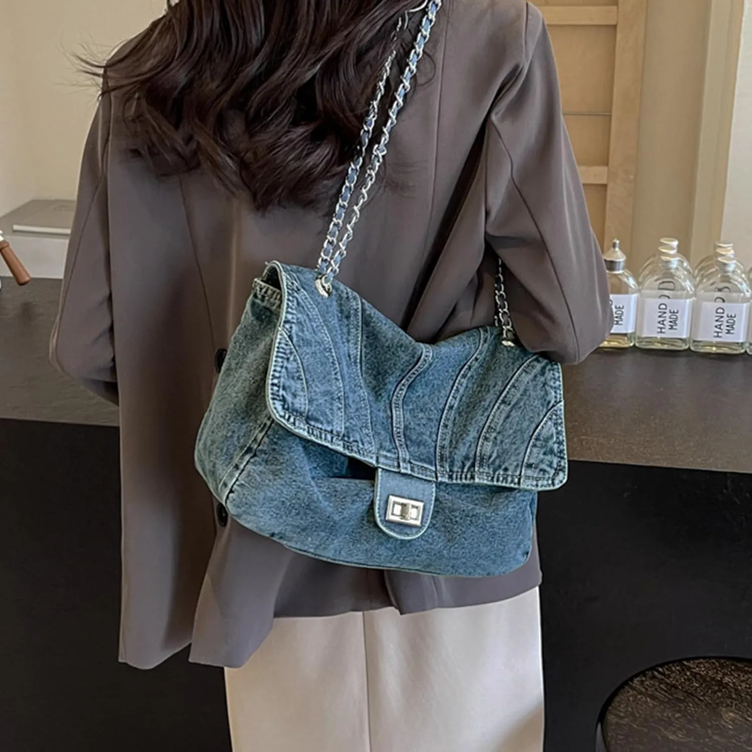 Denim Purse for Women Jean Purses Tote Bag for Women Handbags Work Bags Trendy Crossbody Bags Womens Shoulder Bag