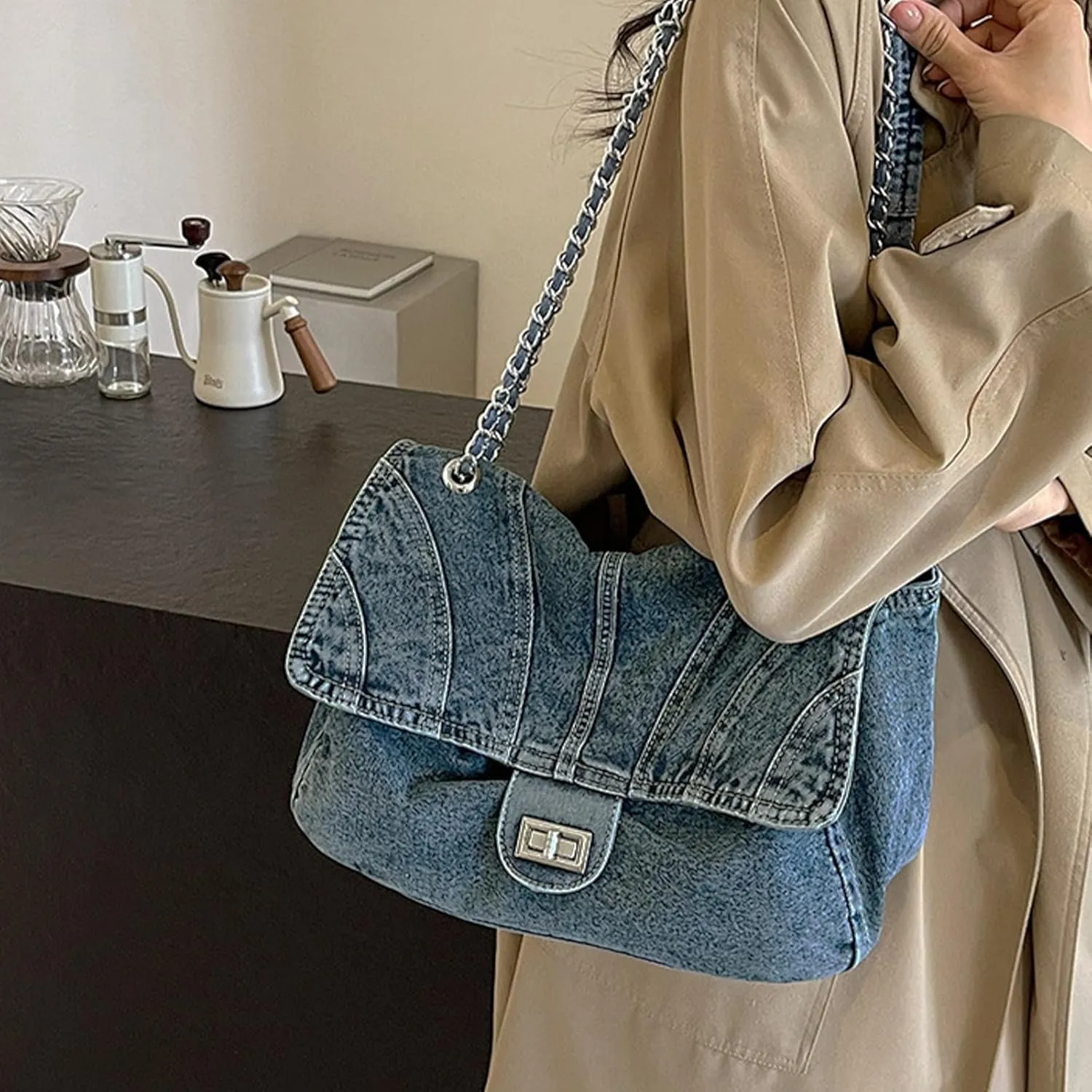 Denim Purse for Women Jean Purses Tote Bag for Women Handbags Work Bags Trendy Crossbody Bags Womens Shoulder Bag