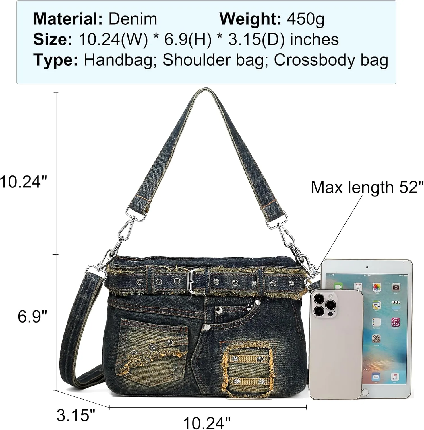 Denim Purse with Rhinestones Crossbody Shoulder Bag Bling Small Jean Purses for Women Aesthetic Handbags
