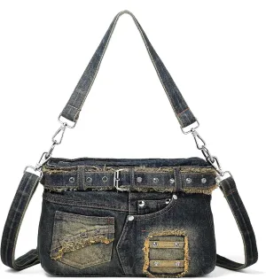 Denim Purse with Rhinestones Crossbody Shoulder Bag Bling Small Jean Purses for Women Aesthetic Handbags