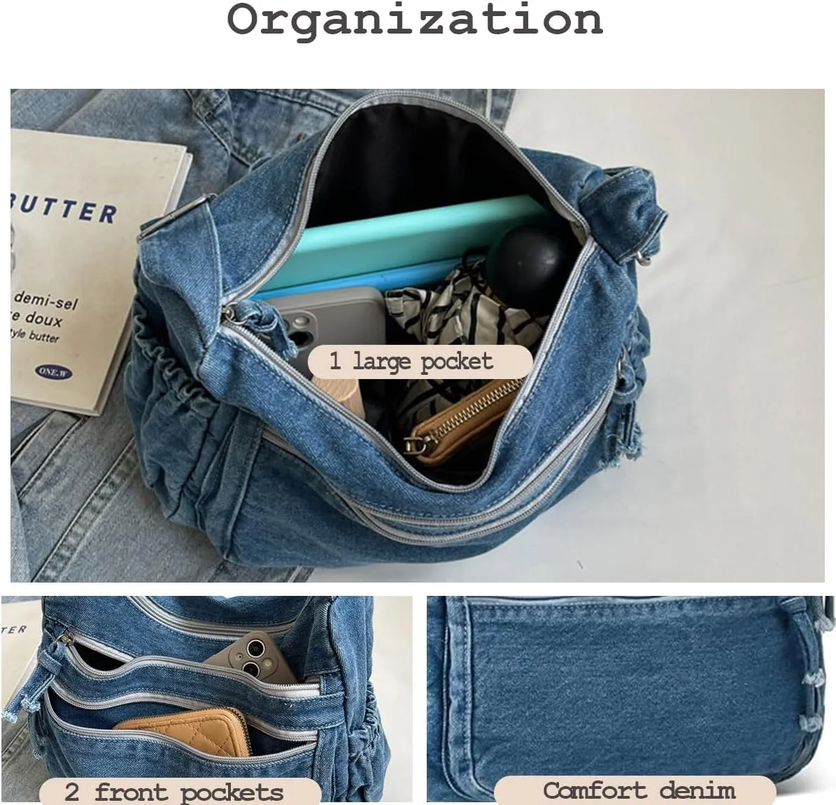 Denim Purses for Women Denim Crossbody Handbags Jean Casual Lightweight Shoulder Tote Purse