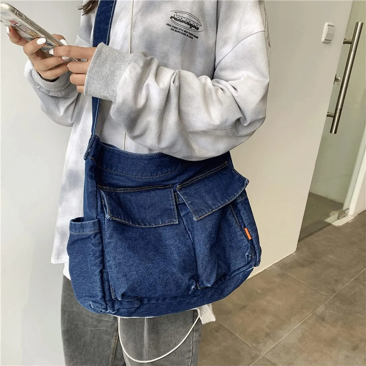 Denim Shoulder Bag Canvas Messenger Bag for Women Men Tote Bag Casual Retro Aesthetic Crossbody Bag Handbag