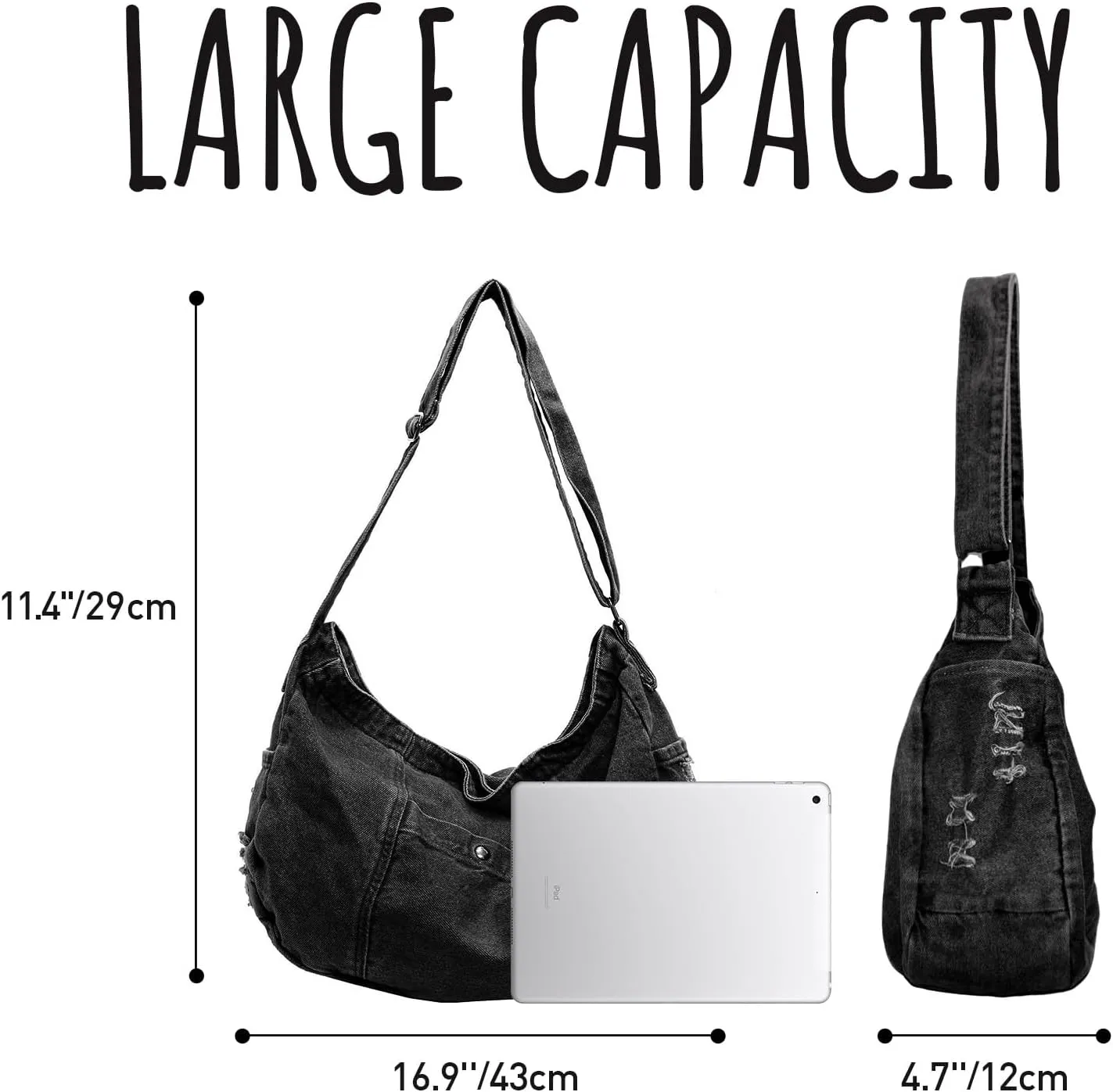 Denim Shoulder Bag for Women,Canvas Tote Messenger Bag with Zipper,Large Casual Crossbody Hobo Handbag Denim Purse