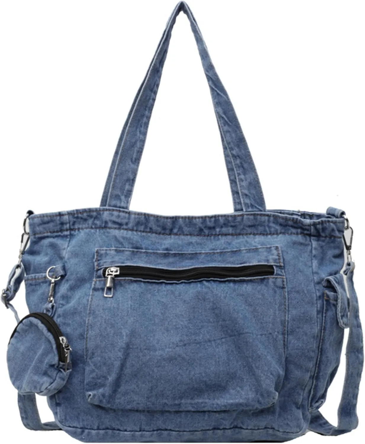 Denim Tote Bag 10x15x5 Large Capacity Zipper Denim Crossbody Bags for Women with Small Purse Fashion & Leisure Tote Bag for Beach Shopping School Work, Denim Bags for Women