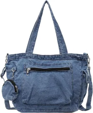 Denim Tote Bag 10x15x5 Large Capacity Zipper Denim Crossbody Bags for Women with Small Purse Fashion & Leisure Tote Bag for Beach Shopping School Work, Denim Bags for Women