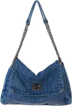 Denim Tote Bag for Women Vintage Hobo Purse Large Spacious Adjustable Retro Lock Closure Lightweight Denim Material