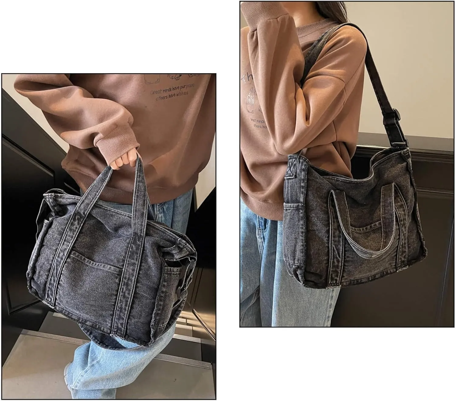 Denim Tote Bag, Large Capacity Crossbody Shoulder Purse for Women, Durable Jean Handbag for Daily Work Shopping