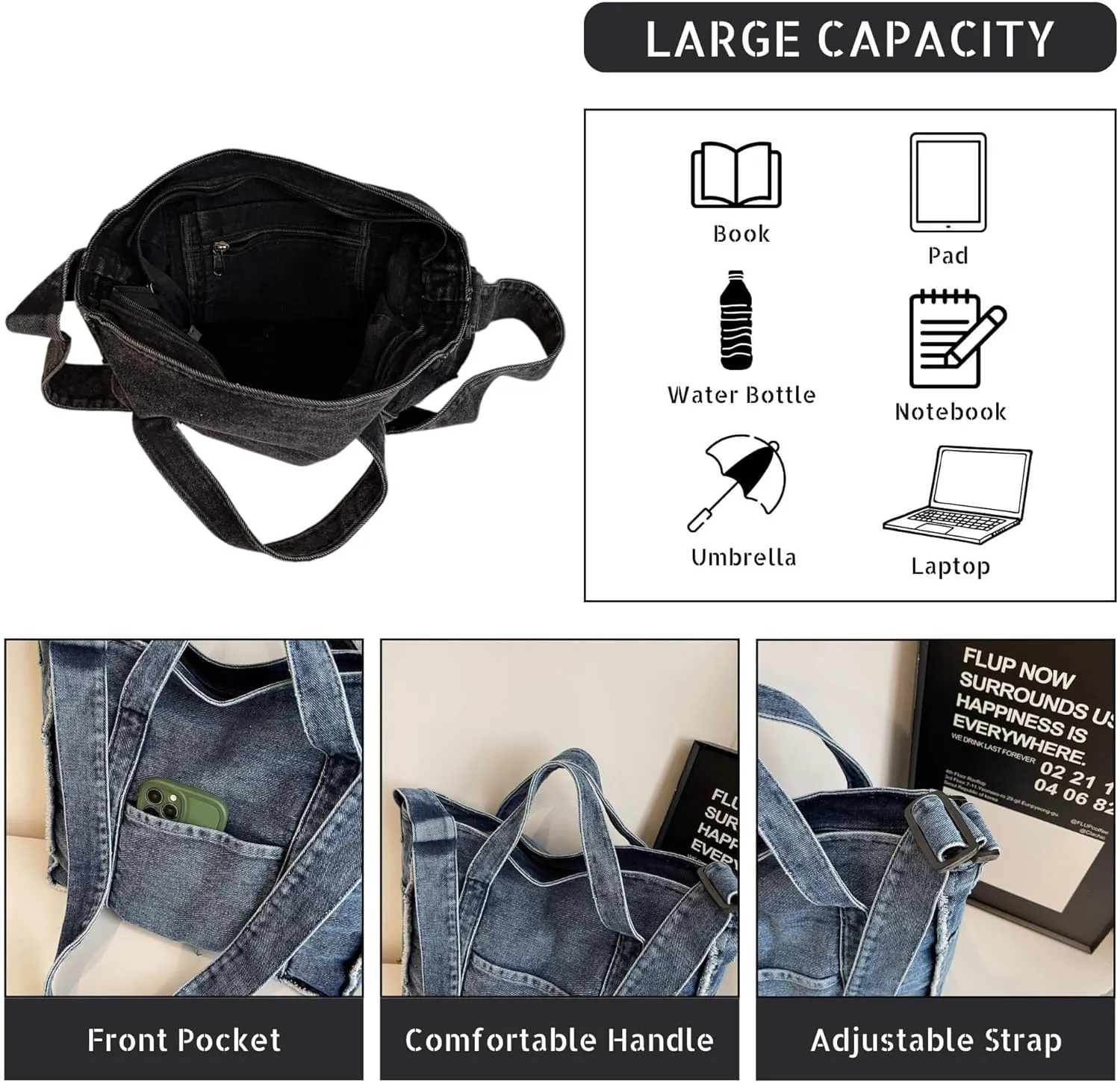 Denim Tote Bag, Large Capacity Crossbody Shoulder Purse for Women, Durable Jean Handbag for Daily Work Shopping