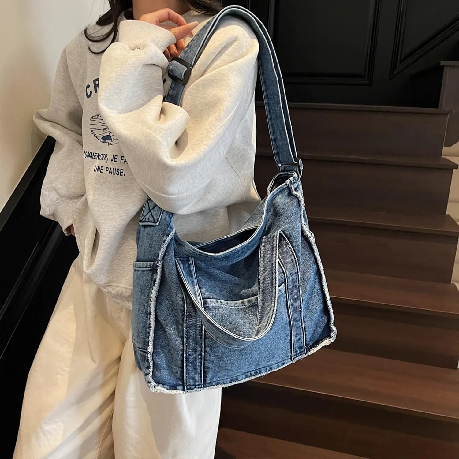 Denim Tote Bags for Women Jean Purse Casual Denim Handbag Large Capacity Crossbody Shoulder Bag