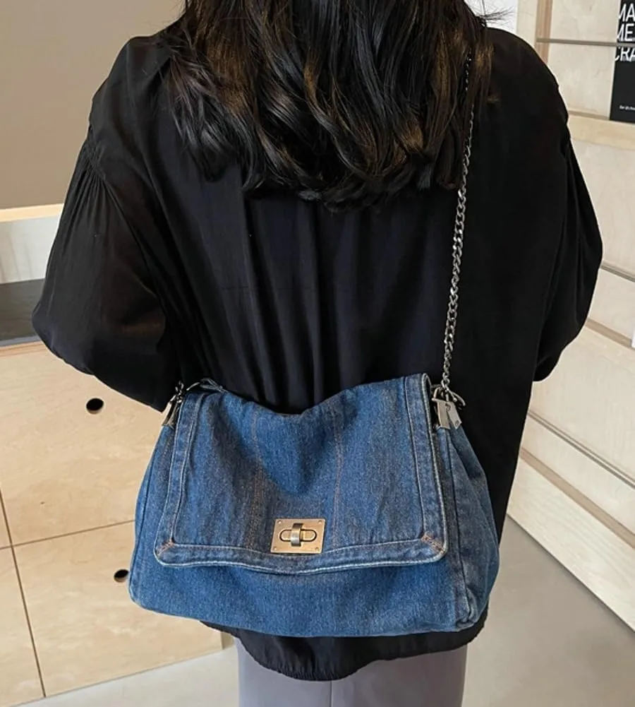 Denim Tote Purses for Women Fashion Shoulder Handbag with Chain Strap Y2k Washed Jean Bag
