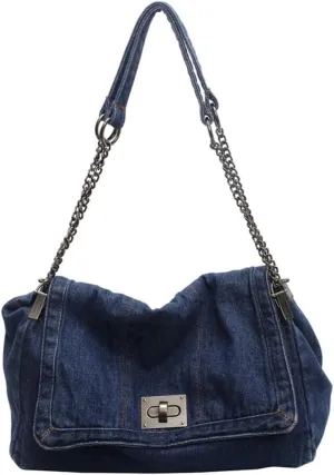Denim Tote Purses for Women Fashion Shoulder Handbag with Chain Strap Y2k Washed Jean Bag