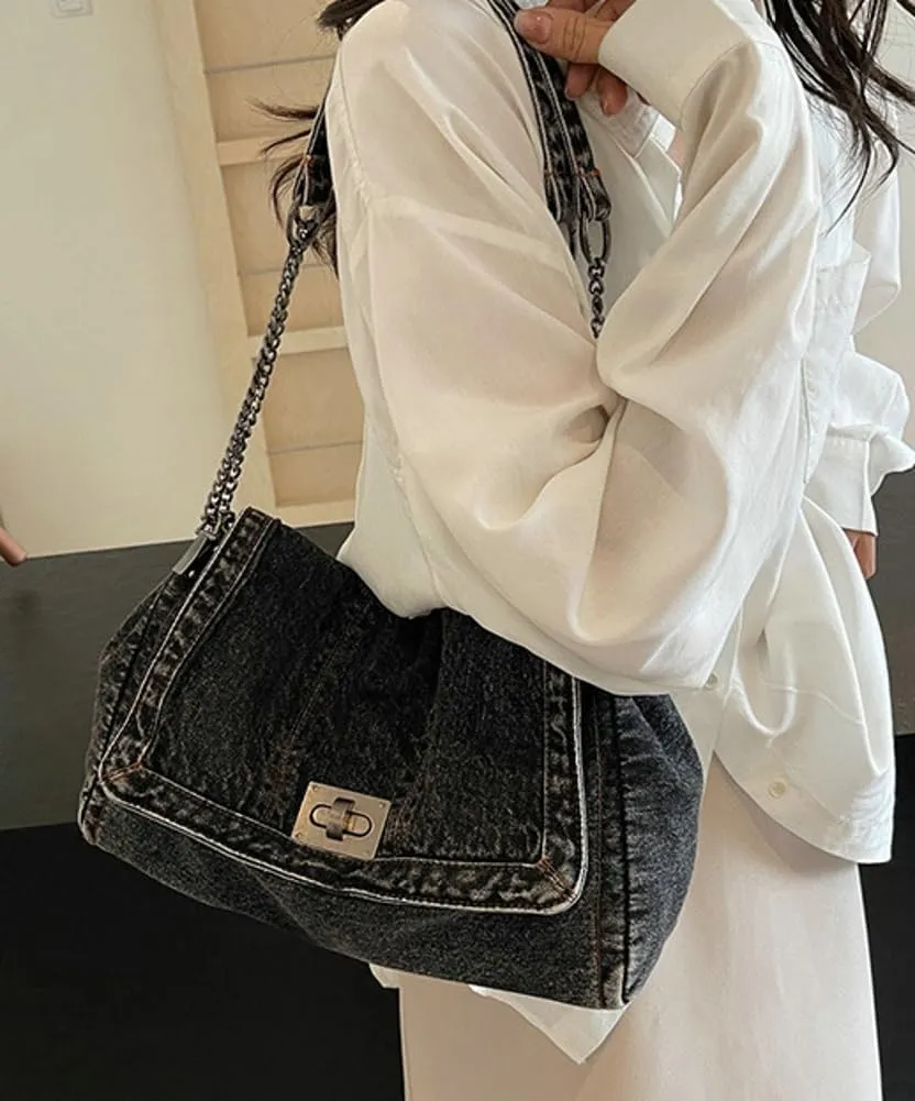 Denim Tote Purses for Women Fashion Shoulder Handbag with Chain Strap Y2k Washed Jean Bag