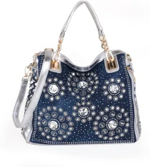 Denim Women Shoulder Bag Crystal Rhinestone Purse Handbag Jeans Crossbody Bag Ladies Tote Bag
