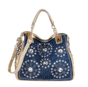 Denim Women Shoulder Bag Crystal Rhinestone Purse Handbag Jeans Crossbody Bag Ladies Tote Bag