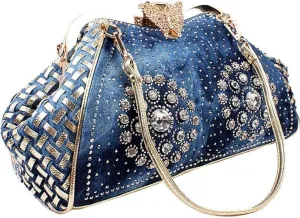 Denim Women's Handbags with Diamonds Jeans Purse Shoulder Bag Crystal Crossbody Bag Evening Clutch Handbag