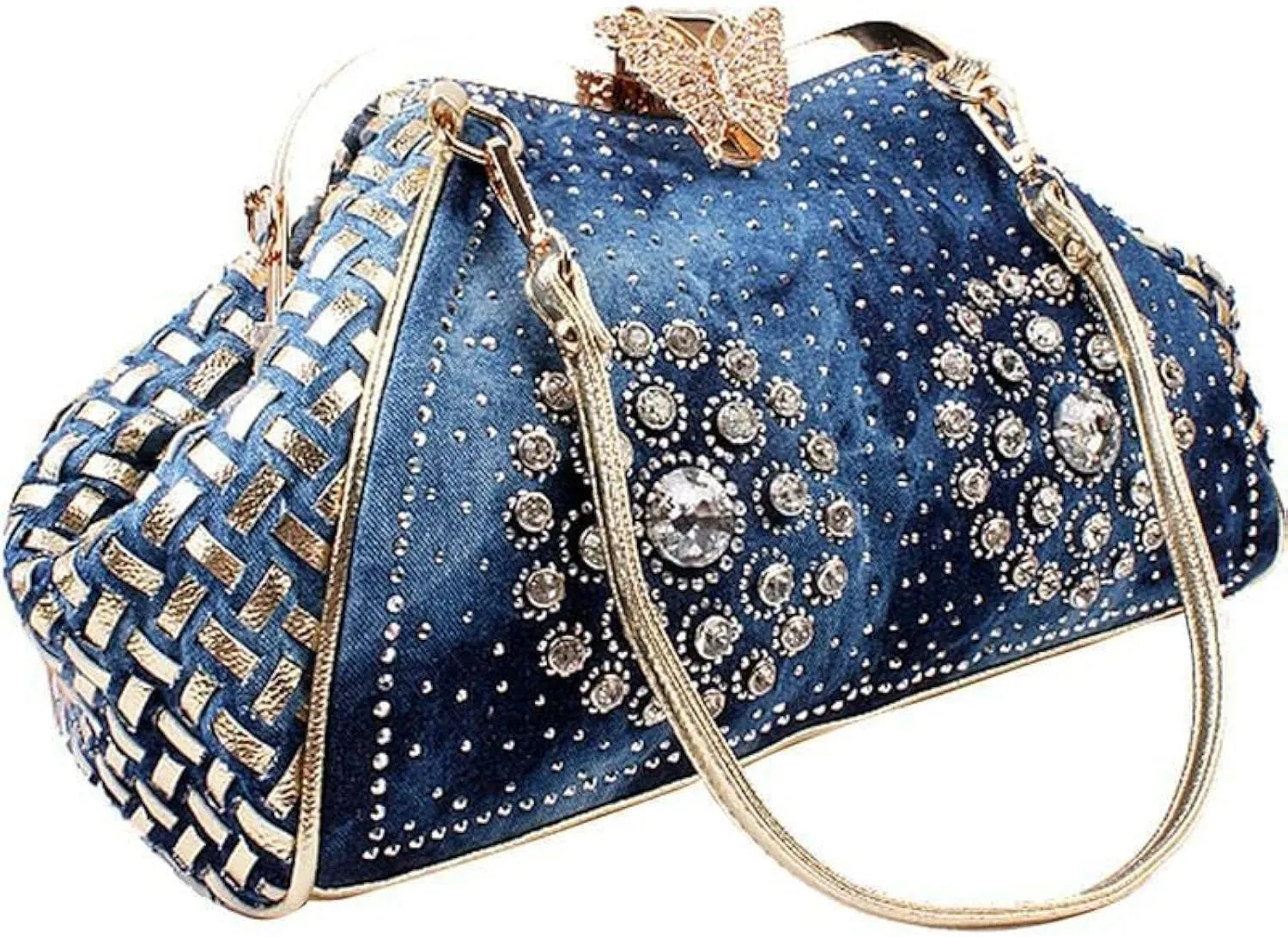 Denim Women's Handbags with Diamonds Jeans Purse Shoulder Bag Crystal Crossbody Bag Evening Clutch Handbag