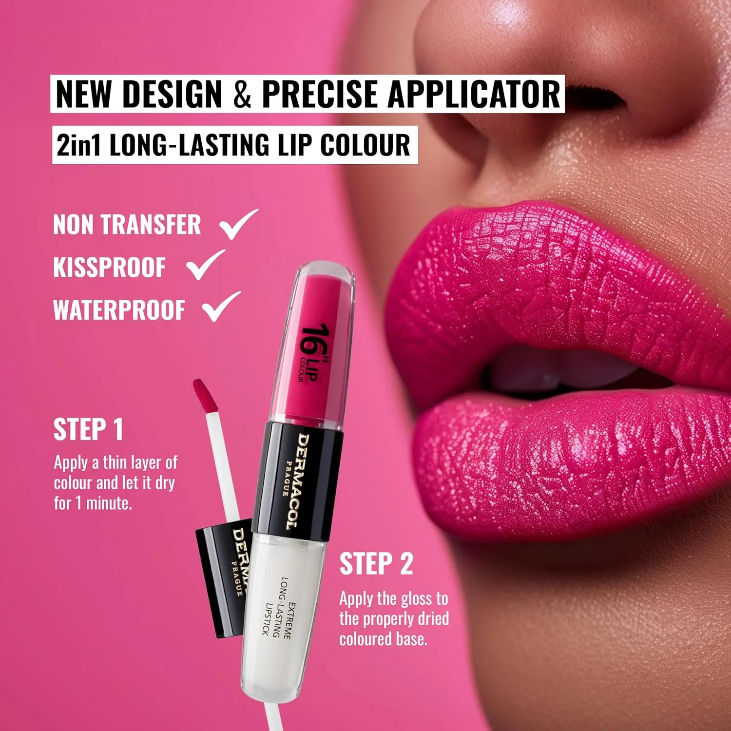 Dermacol NEW 16-Hour Lip Colour, Highly Pigmented Glossy Lip Stain, Two-Phase Lip Plumper Gloss, Kissproof Lip Makeup Products with Matte and Glitter Finish, n.8