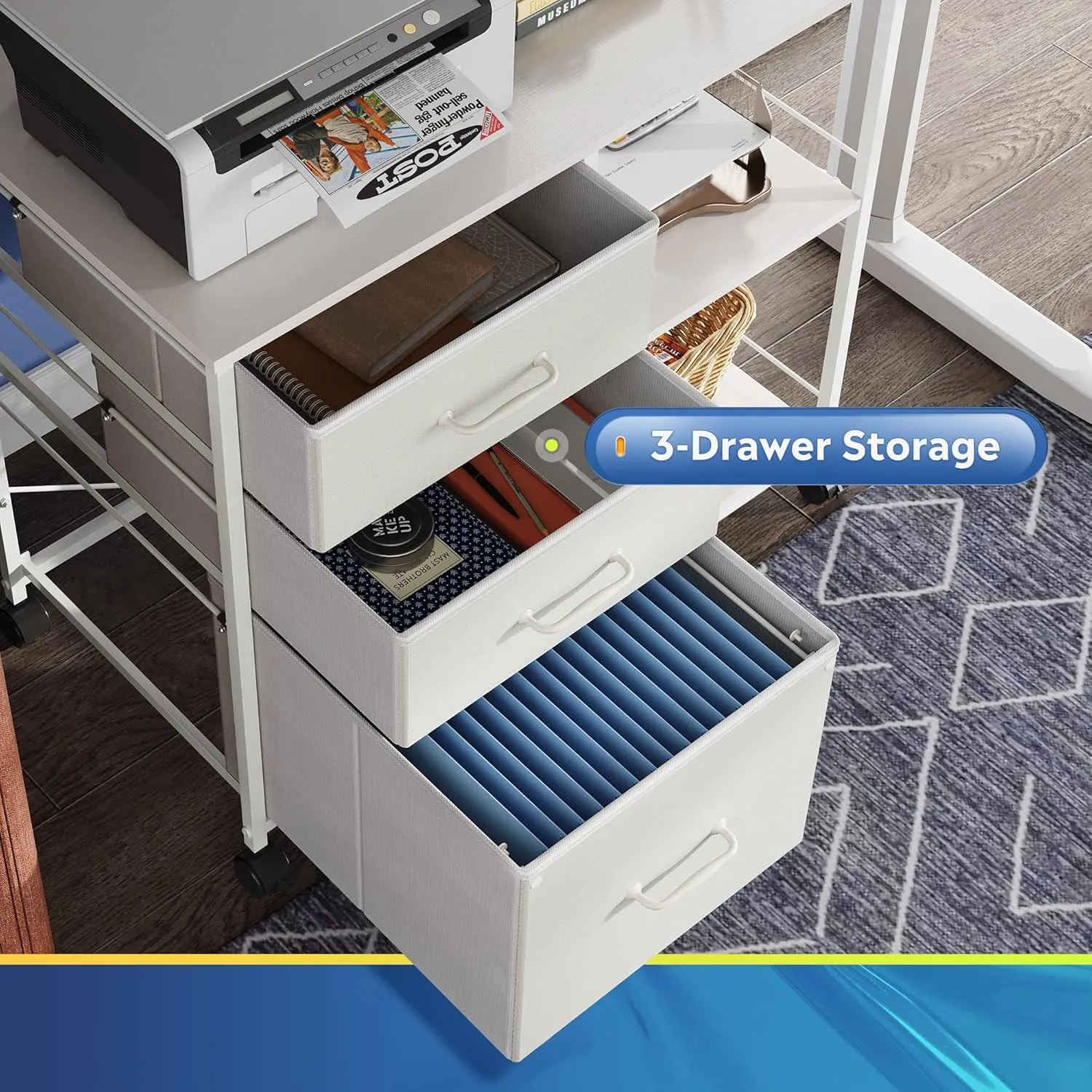 DEVAISE 3 Drawer Mobile File Cabinet, Rolling Printer Stand with Open Storage Shelf, Fabric Lateral Filing Cabinet fits A4 or Letter Size for Home Office, White