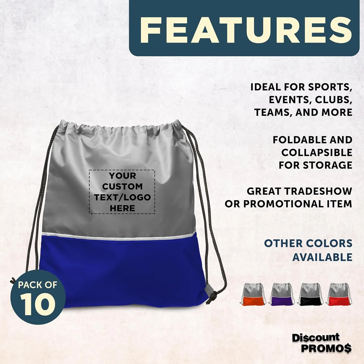 DISCOUNT PROMOS 10 Easy Go Drawstring Backpacks Set - Customizable Text, Logo - Polyester, Convenient, Innovative features, Stylish - Blue