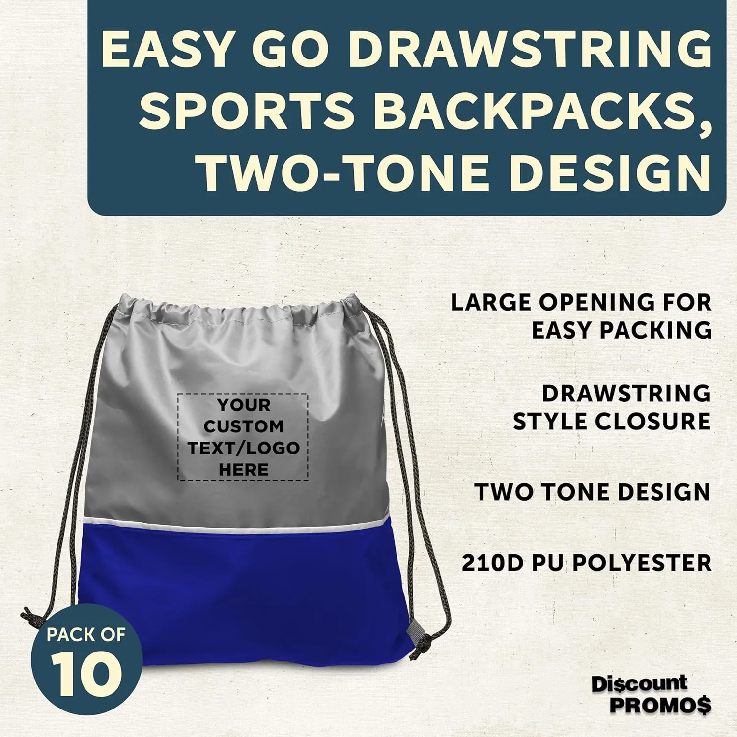 DISCOUNT PROMOS 10 Easy Go Drawstring Backpacks Set - Customizable Text, Logo - Polyester, Convenient, Innovative features, Stylish - Blue