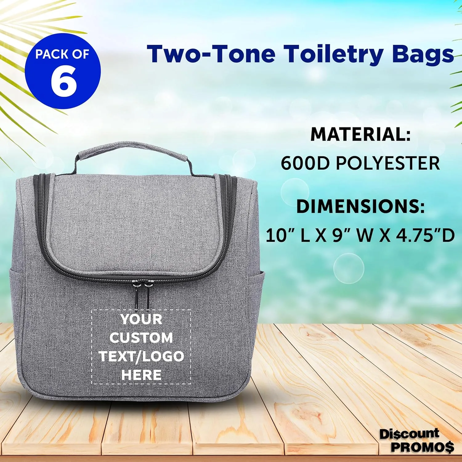 DISCOUNT PROMOS Custom Road Trip Heathered Toiletry Bags Set of 6, Personalized Bulk Pack - Versatile, Bring Everywhere You Go, Perfect for Travelling or Even at Home - Grey - 10"X9"X4.75"