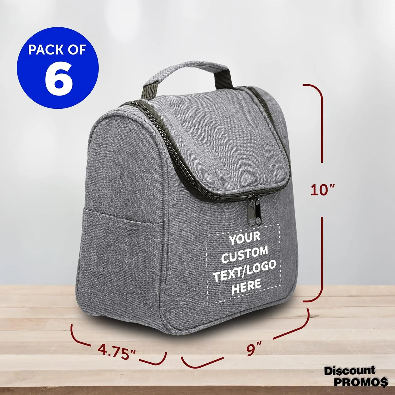 DISCOUNT PROMOS Custom Road Trip Heathered Toiletry Bags Set of 6, Personalized Bulk Pack - Versatile, Bring Everywhere You Go, Perfect for Travelling or Even at Home - Grey - 10"X9"X4.75"