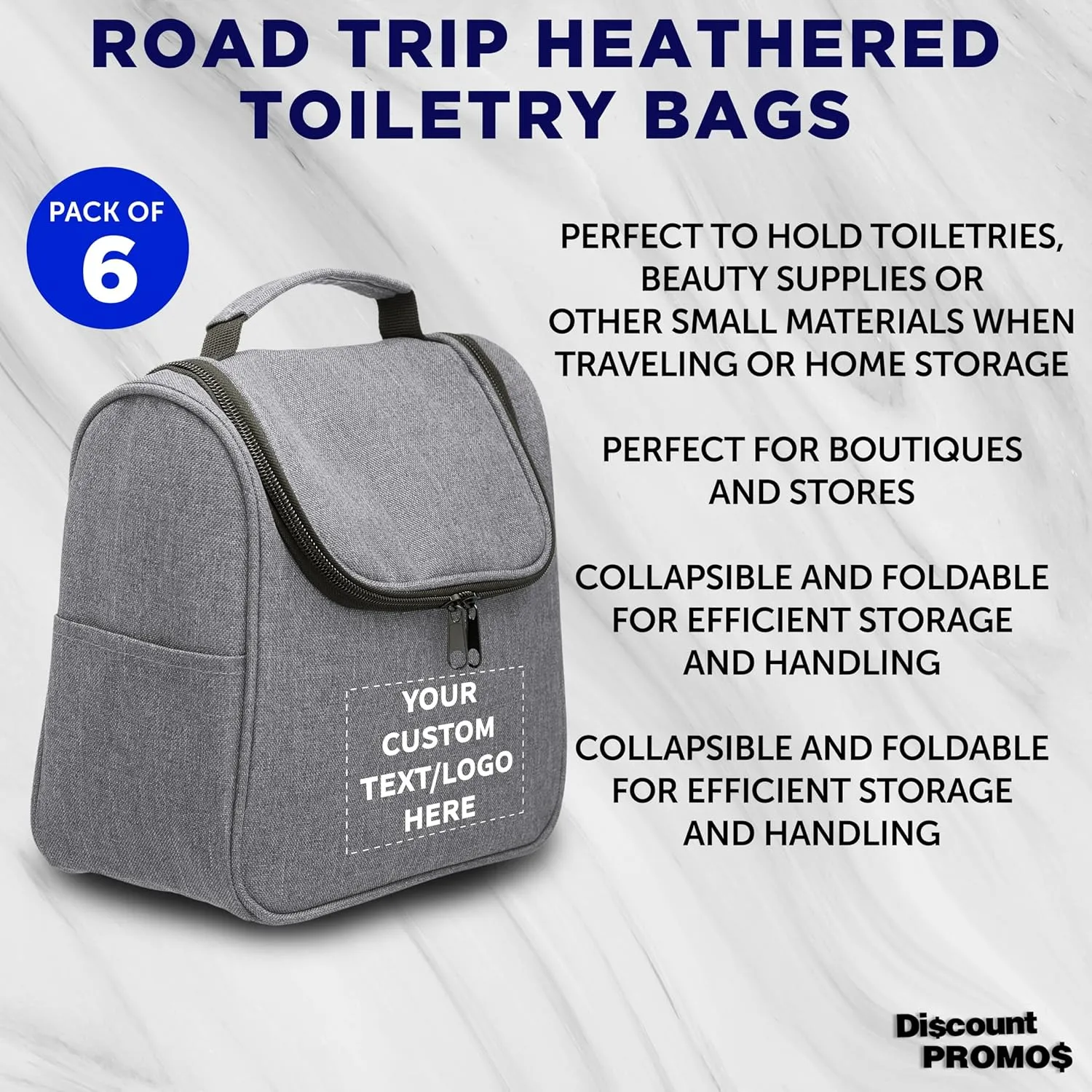 DISCOUNT PROMOS Custom Road Trip Heathered Toiletry Bags Set of 6, Personalized Bulk Pack - Versatile, Bring Everywhere You Go, Perfect for Travelling or Even at Home - Grey - 10"X9"X4.75"