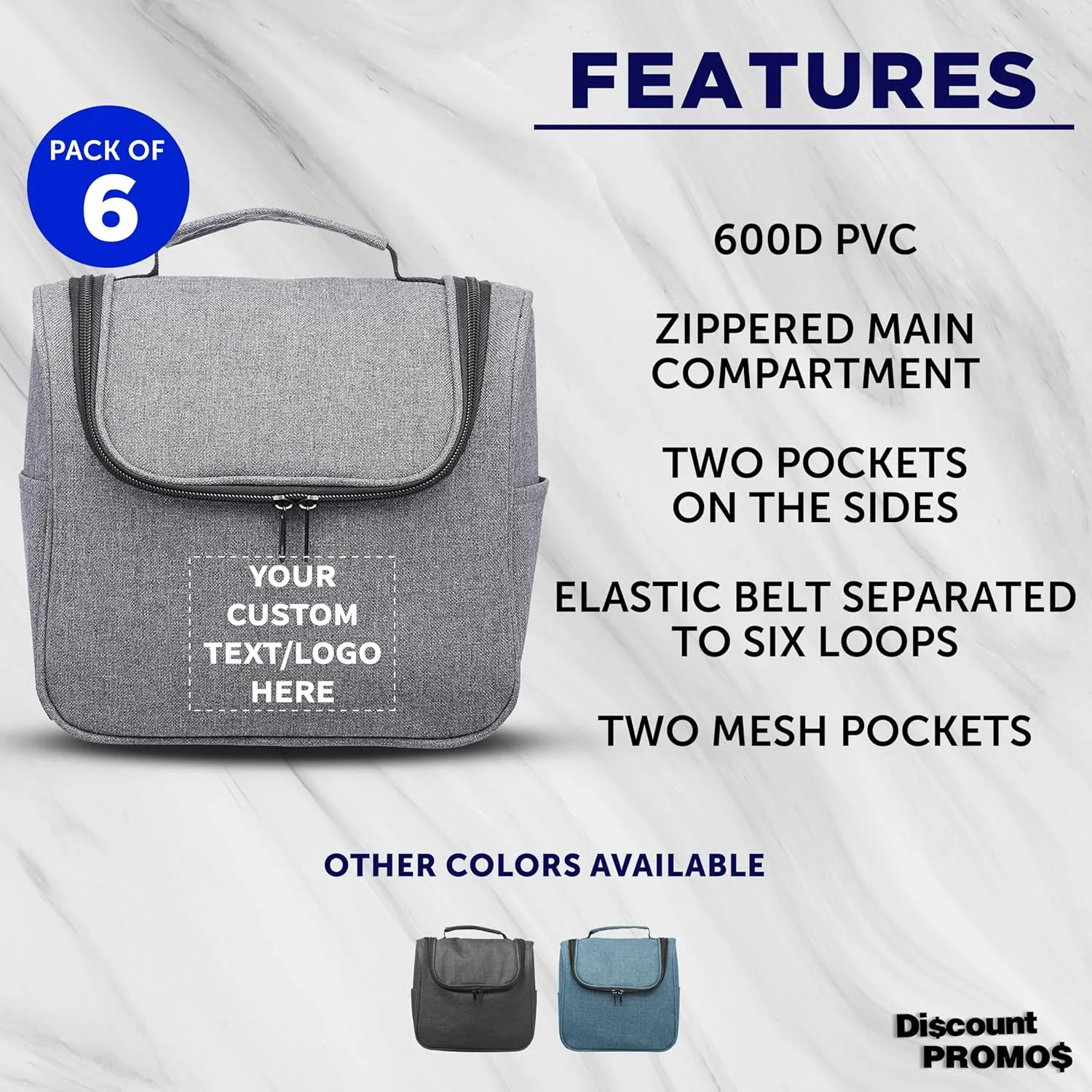 DISCOUNT PROMOS Custom Road Trip Heathered Toiletry Bags Set of 6, Personalized Bulk Pack - Versatile, Bring Everywhere You Go, Perfect for Travelling or Even at Home - Grey - 10"X9"X4.75"