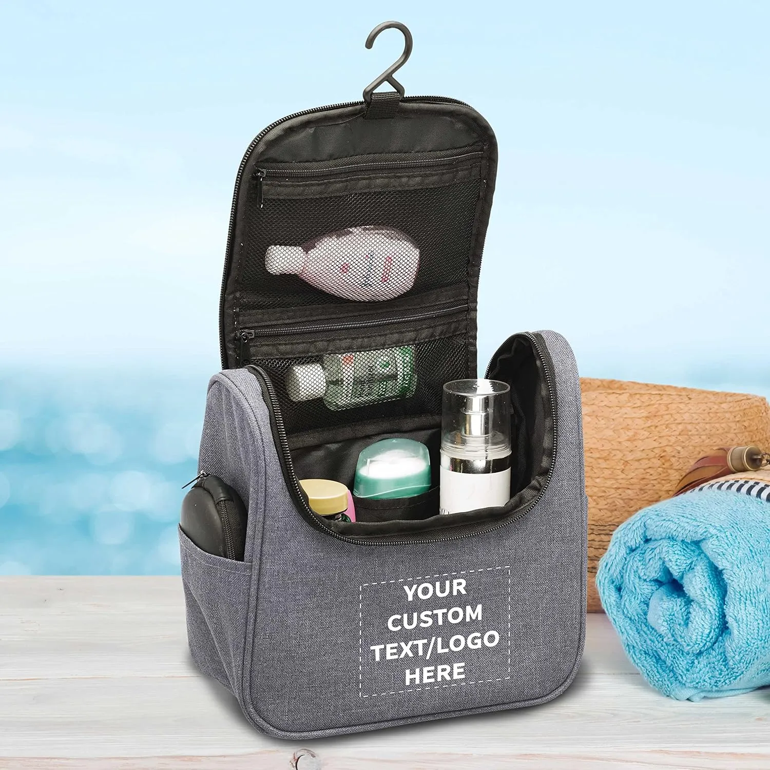 DISCOUNT PROMOS Custom Road Trip Heathered Toiletry Bags Set of 6, Personalized Bulk Pack - Versatile, Bring Everywhere You Go, Perfect for Travelling or Even at Home - Grey - 10"X9"X4.75"