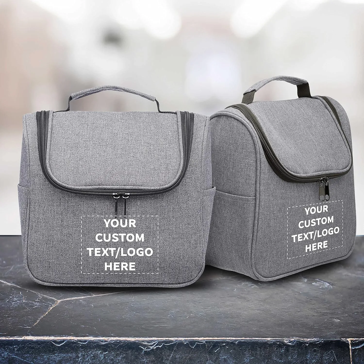 DISCOUNT PROMOS Custom Road Trip Heathered Toiletry Bags Set of 6, Personalized Bulk Pack - Versatile, Bring Everywhere You Go, Perfect for Travelling or Even at Home - Grey - 10"X9"X4.75"