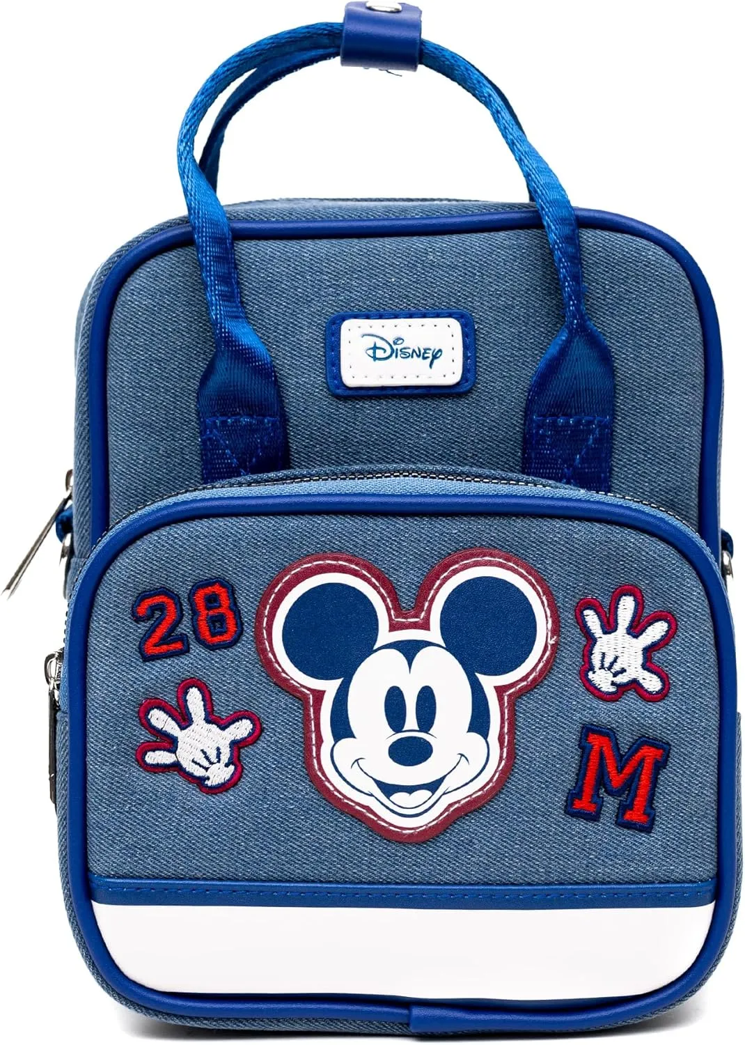 Disney Vegan Leather Crossbody Backpack for Men and Women with Adjustable Strap, Mickey Mouse Varsity Icons, Denim Blue