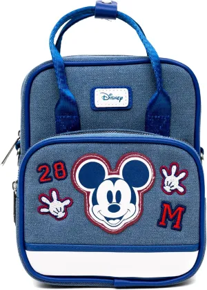 Disney Vegan Leather Crossbody Backpack for Men and Women with Adjustable Strap, Mickey Mouse Varsity Icons, Denim Blue