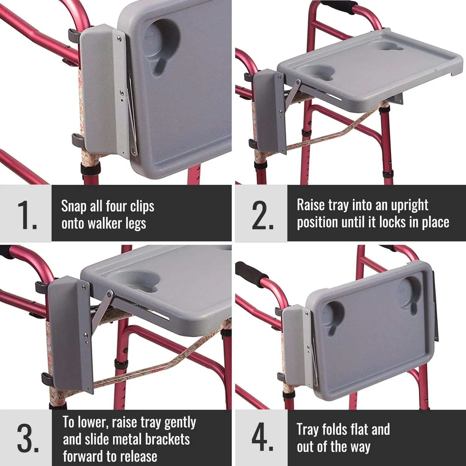 DMI Walker Tray, Rollator Tray, Mobility and Walker Accessory Tray Table Fits Most Standard Walkers, Folding with Two Cup Holders and Tool Free Assembly, 16 x 11.8 inch