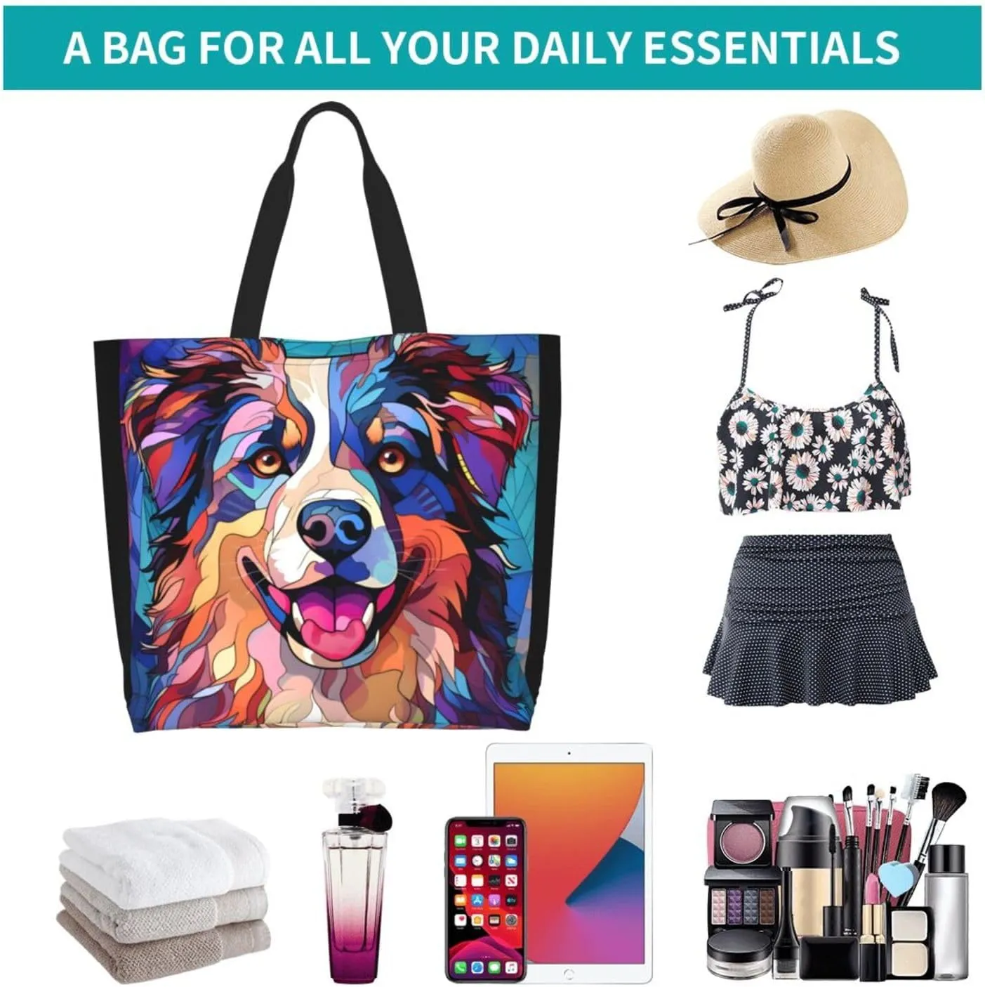 Dog Breed Glass Art Women Shoulder Handbags Reusable Large Capacity Casual Tote Bag